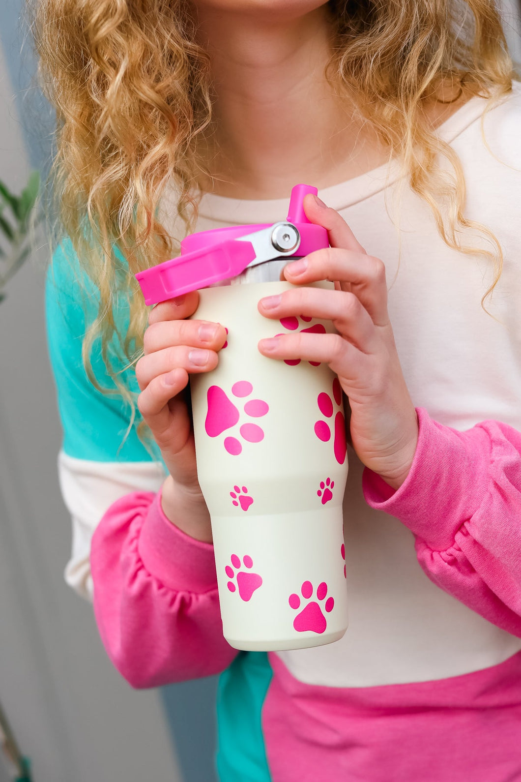 Hot Pink Paw Print Insulated Tumbler with Top Handle