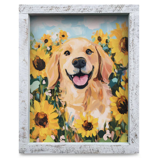 Golden Retriever Sunflowers Artwork - VERTICAL