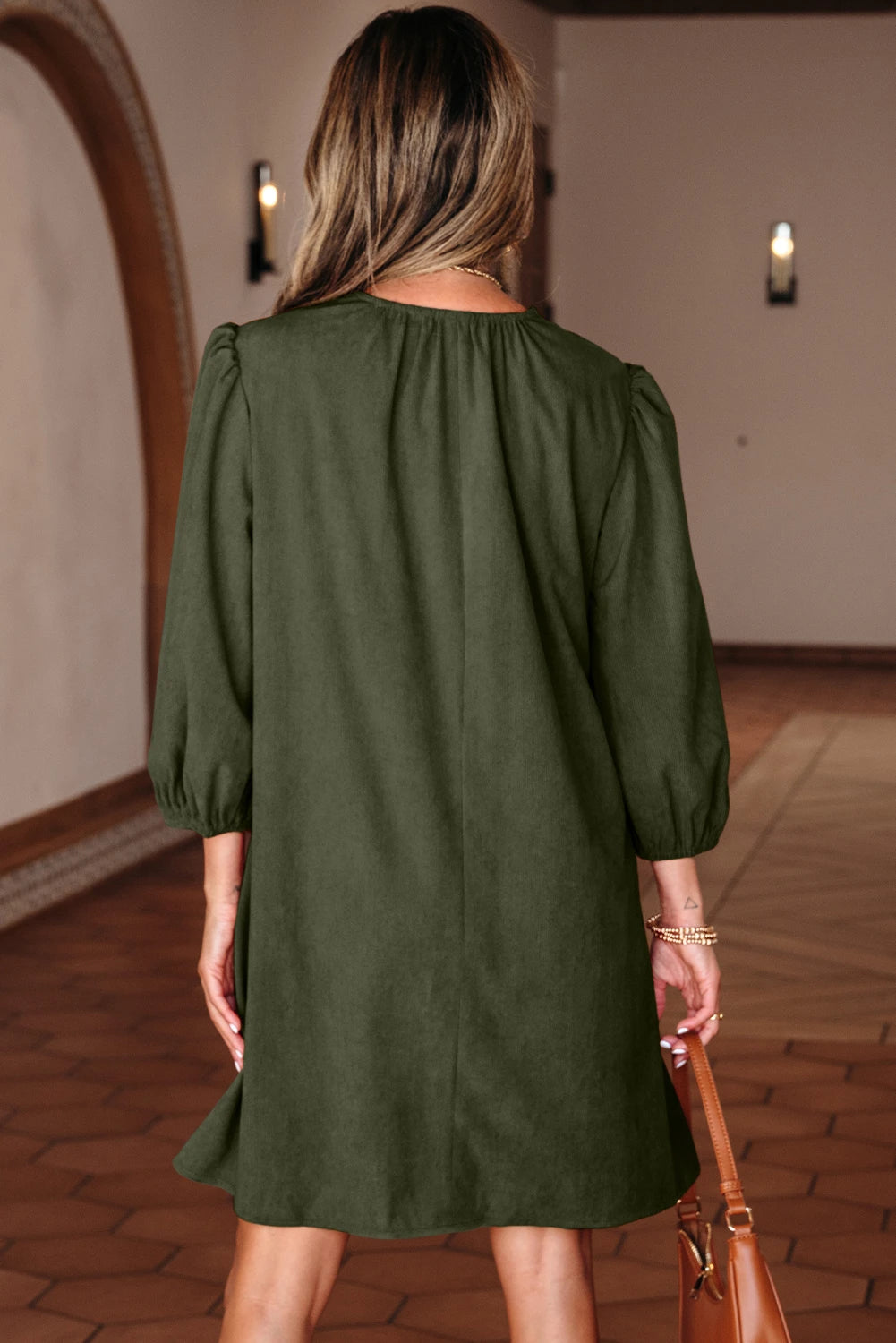 Moss Green Pleated Corduroy Dress