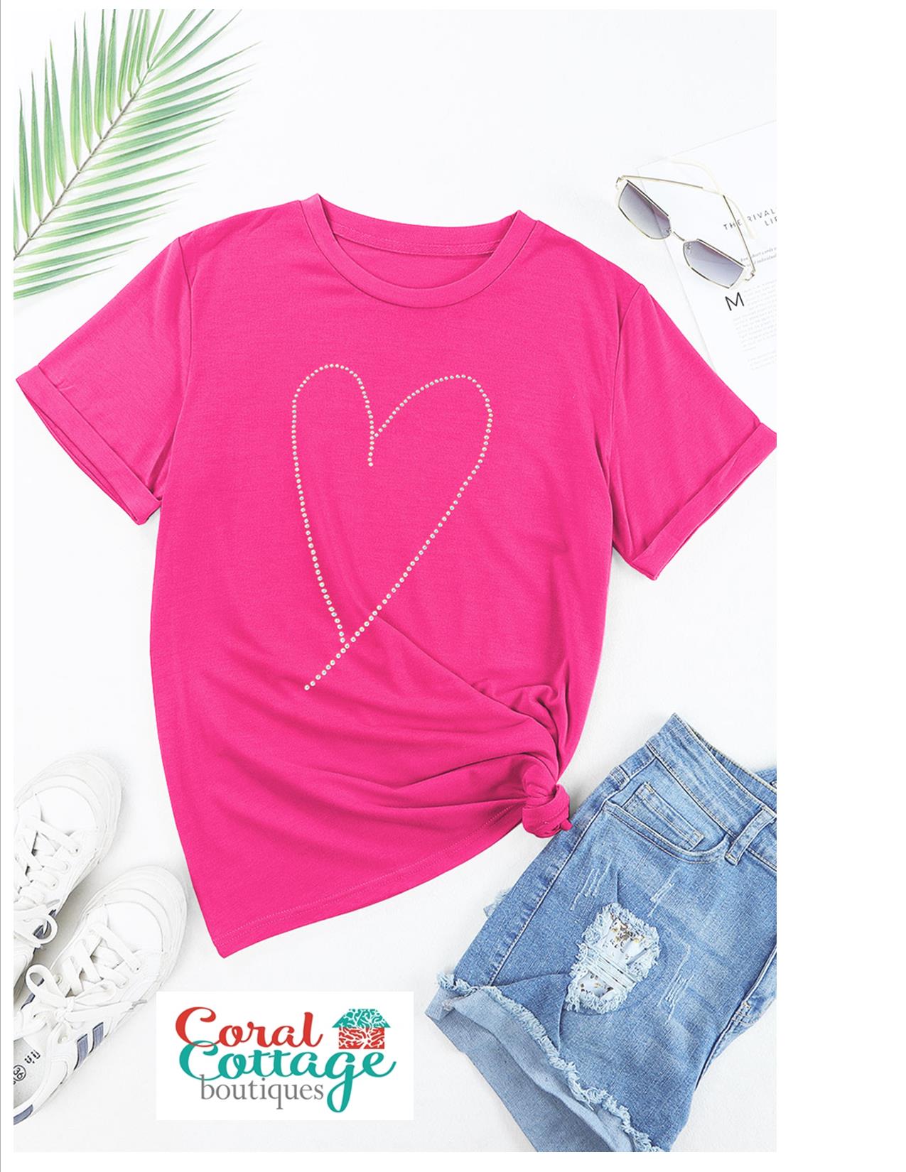 Pink Rhinestone Heart Short Sleeve T-Shirt