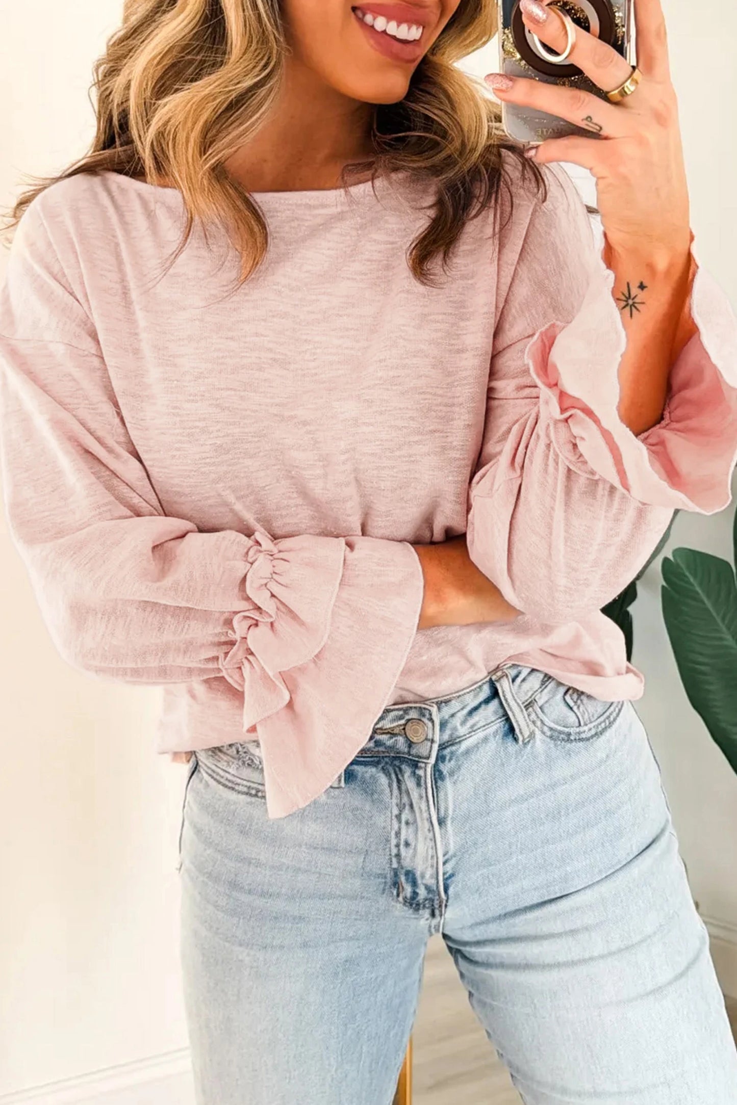 Pink Long Sleeve Ruffle Cuff Top