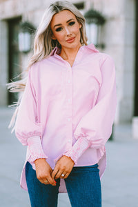 Pink Smocked Sleeve Stripe Button Down