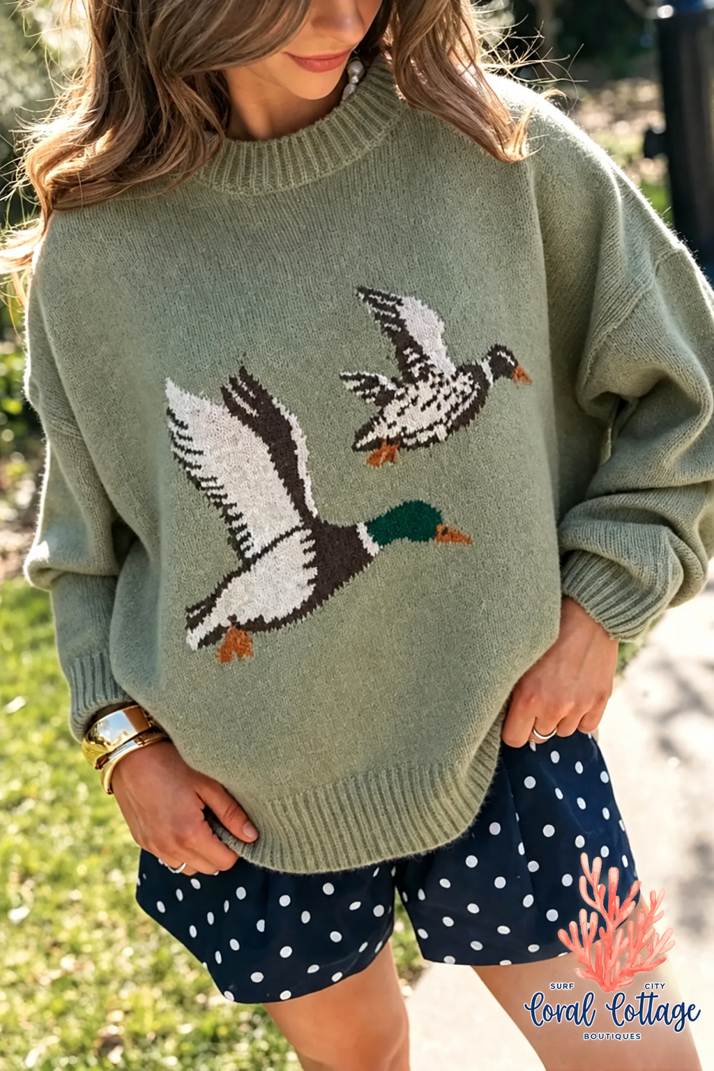 Green Flying Mallard Drop Shoulder Knit Sweater