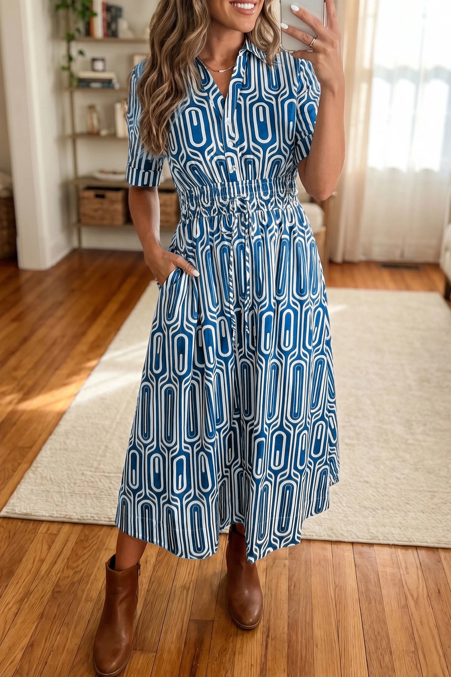 Blue Geo Print Drawstring Dress
