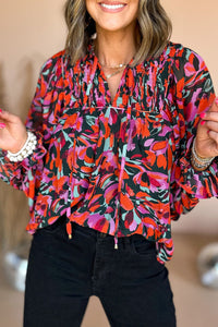 Red Abstract Floral Shirred Blouse