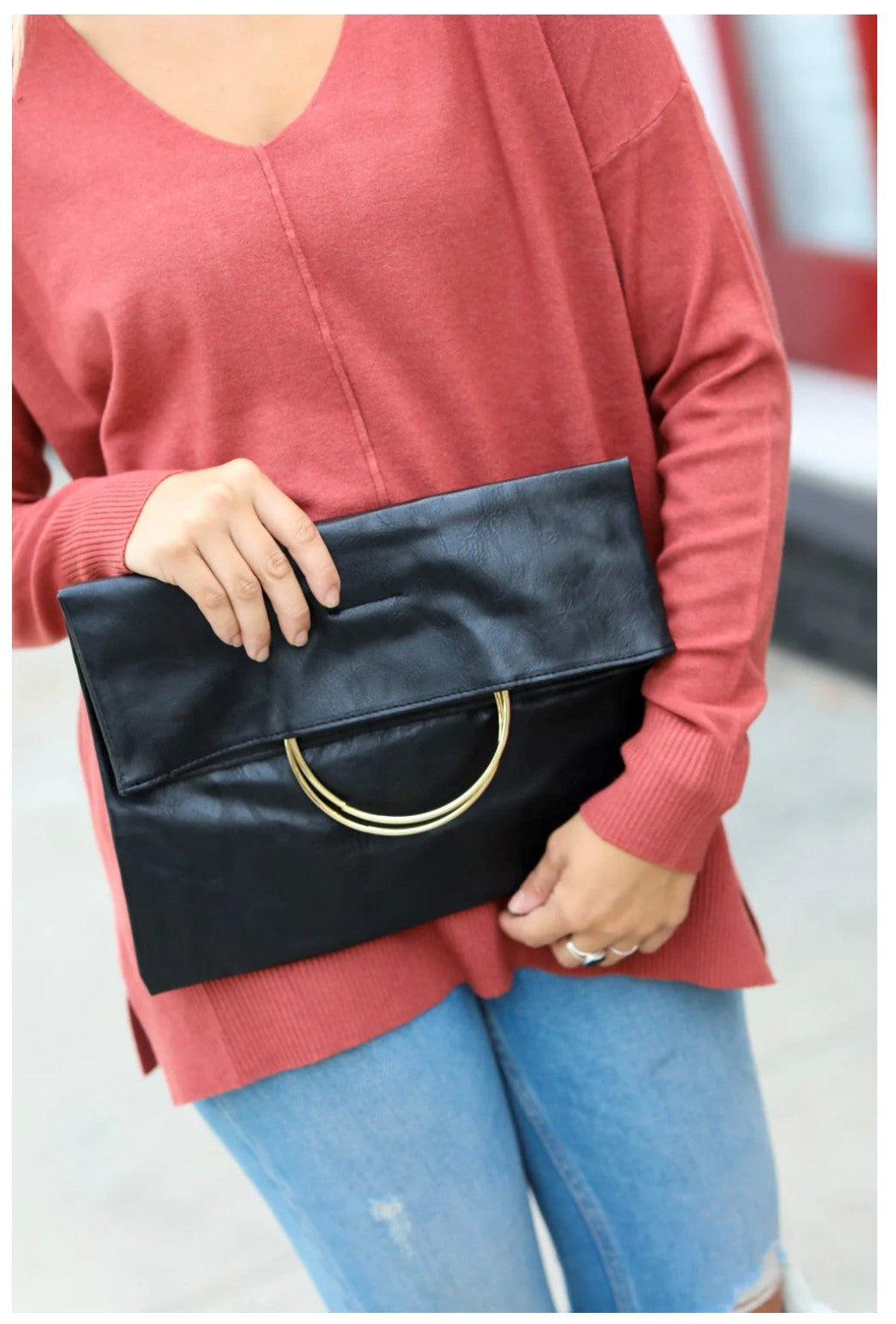Black Fold Over Gold O-Ring Faux Leather Clutch Bag