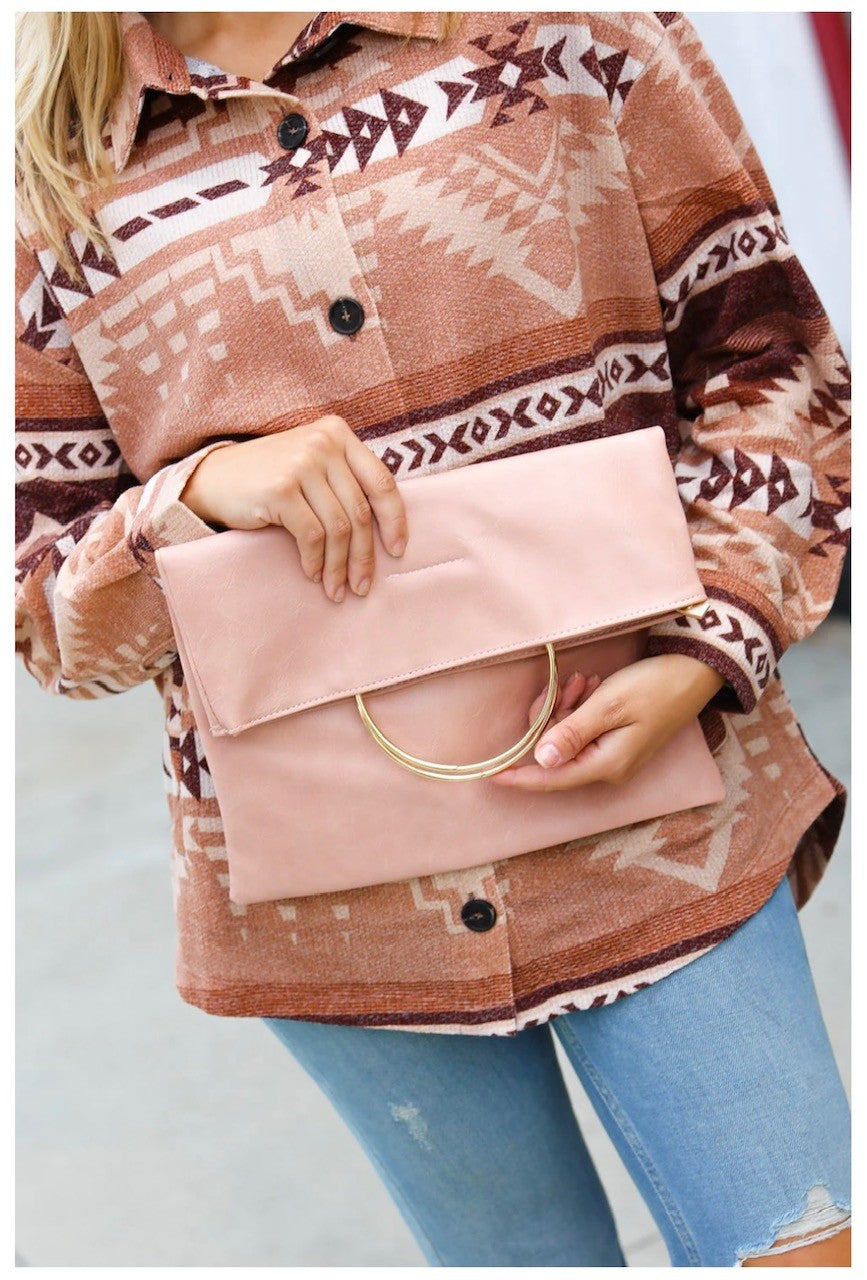 Blush Fold Over Gold O-Ring Faux Leather Clutch Bag