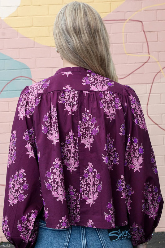 Purple Floral Print Button Front Long Puff Sleeve Shirt