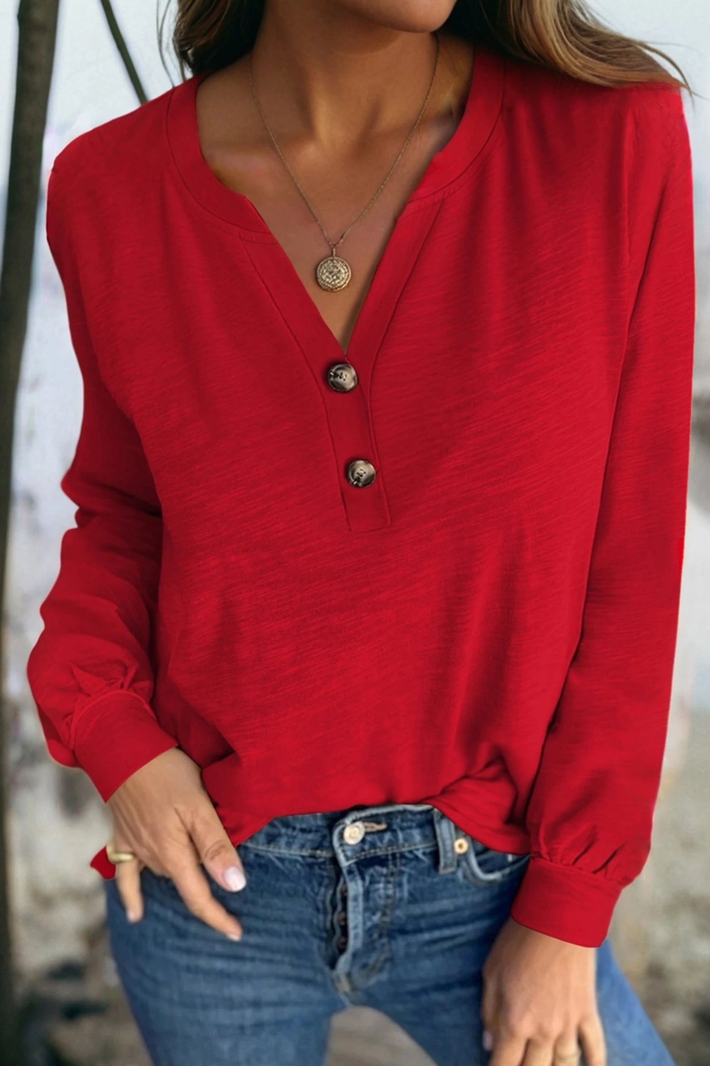 Red V-Neck Long Sleeve Top