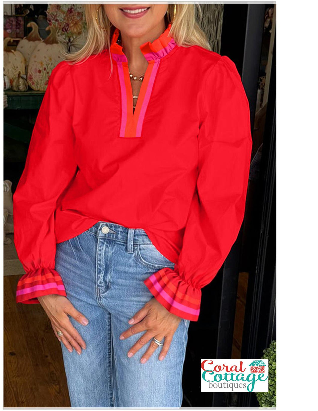 Red Striped Trim Split Neck Top