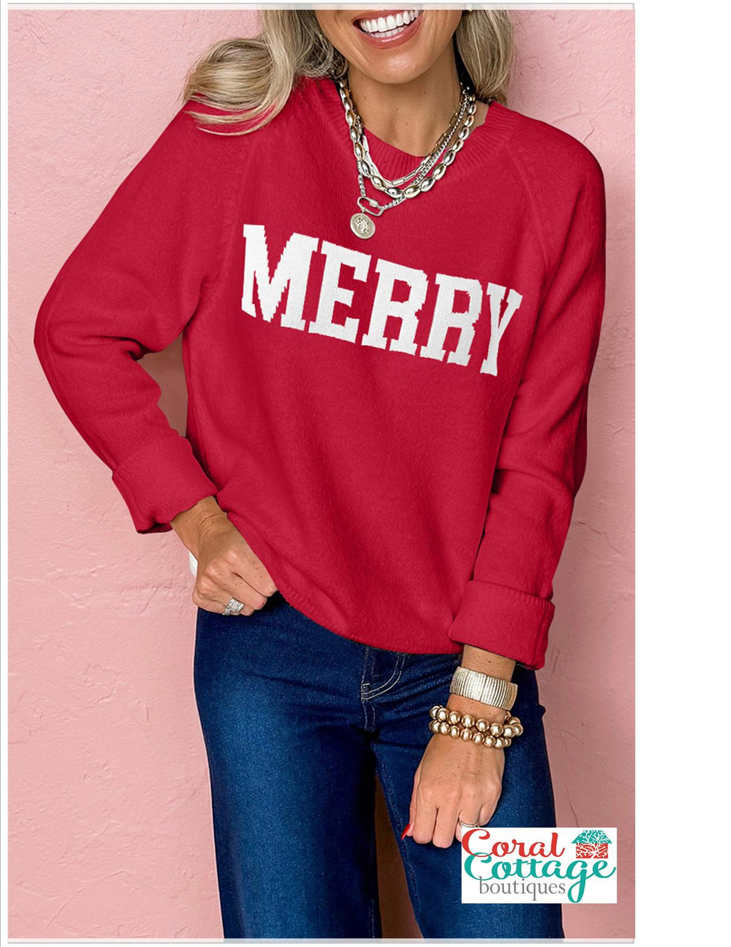 Red Striped Trim Ruffle Long Sleeve Top