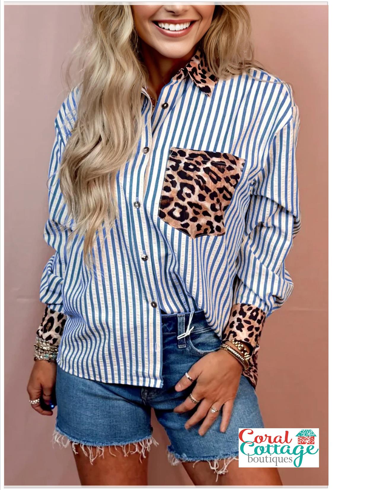 Blue Striped Leopard Button Up