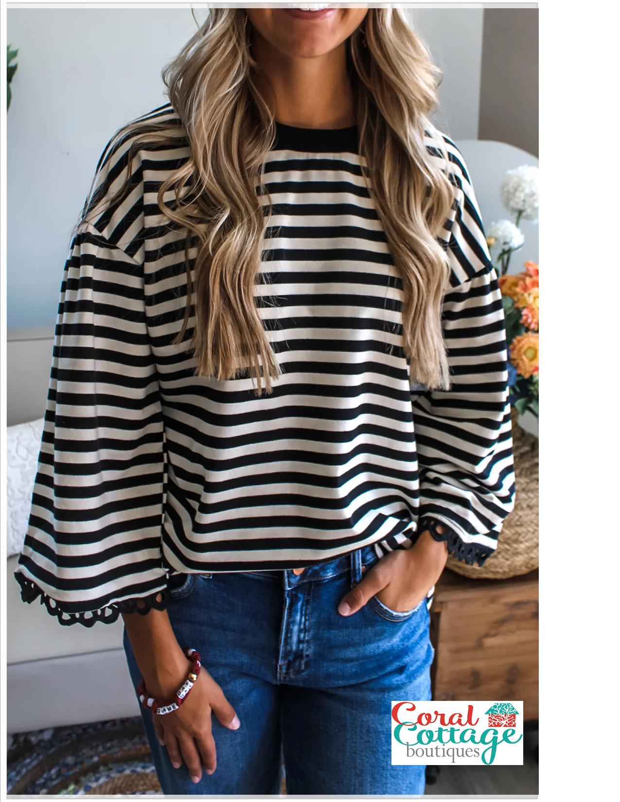 Black Striped Lace Trim Top