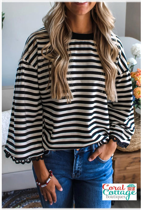 Black Striped Lace Trim Top
