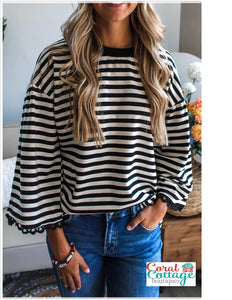 Black Striped Lace Trim Top