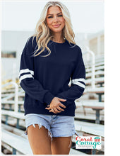 Load image into Gallery viewer, Navy Blue Varsity Striped Oversized Sweatshirt
