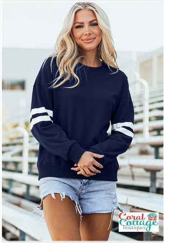 Navy Blue Varsity Striped Oversized Sweatshirt
