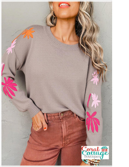 Floral Sleeve Round Neck Sweater