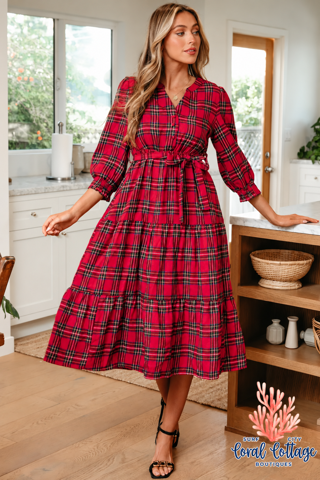 Red Christmas Plaid V-Neck Ruffle Hem Dress