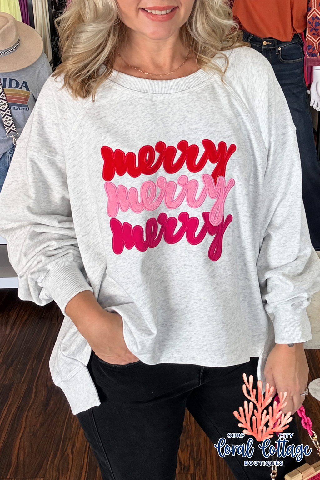 Light Grey Embroidered Merry Slogan Relaxed Pullover Sweatshirt